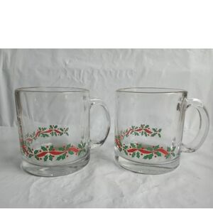 Vintage 2 Christmas Holly Clear Glass Gold Trim Made in USA Coffee Cups …